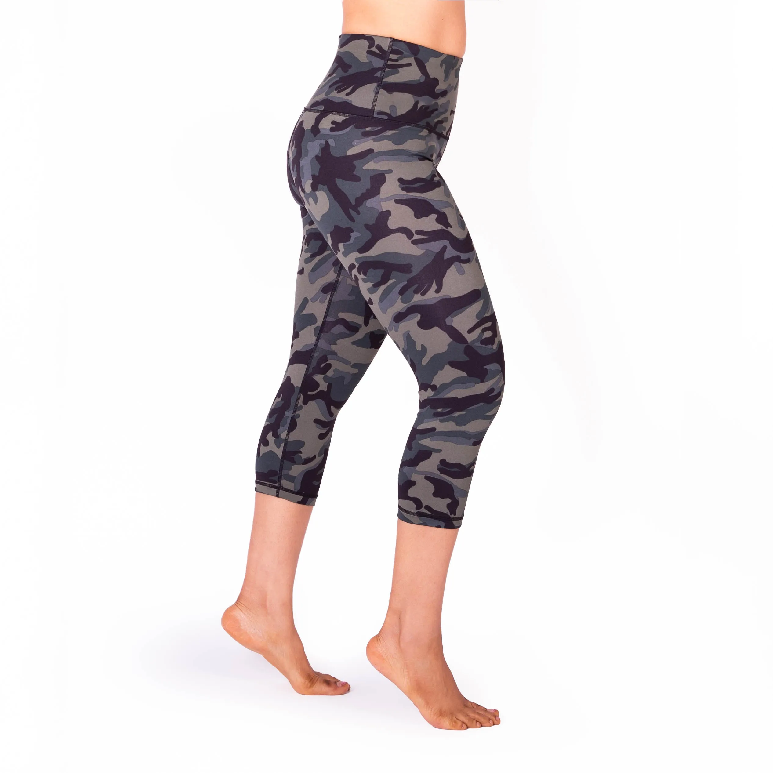 High Waist Green Camo Print Compression Capri Leggings