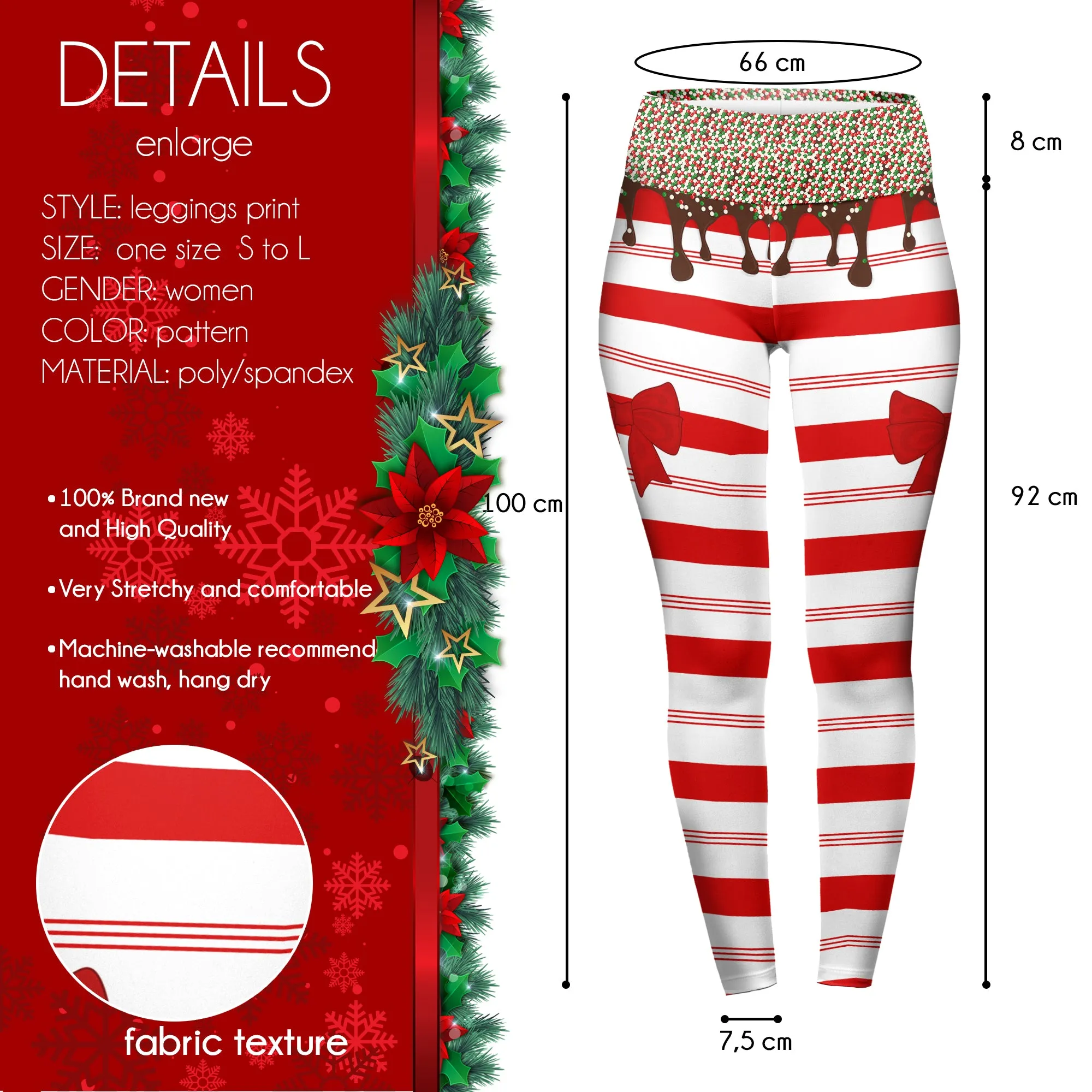 High Waist Leggings (10-16 UK Size) - Sweet Candy Cane