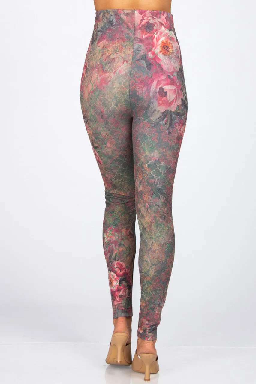 High Waist Vintage Quatrefoil Floral Print Legging