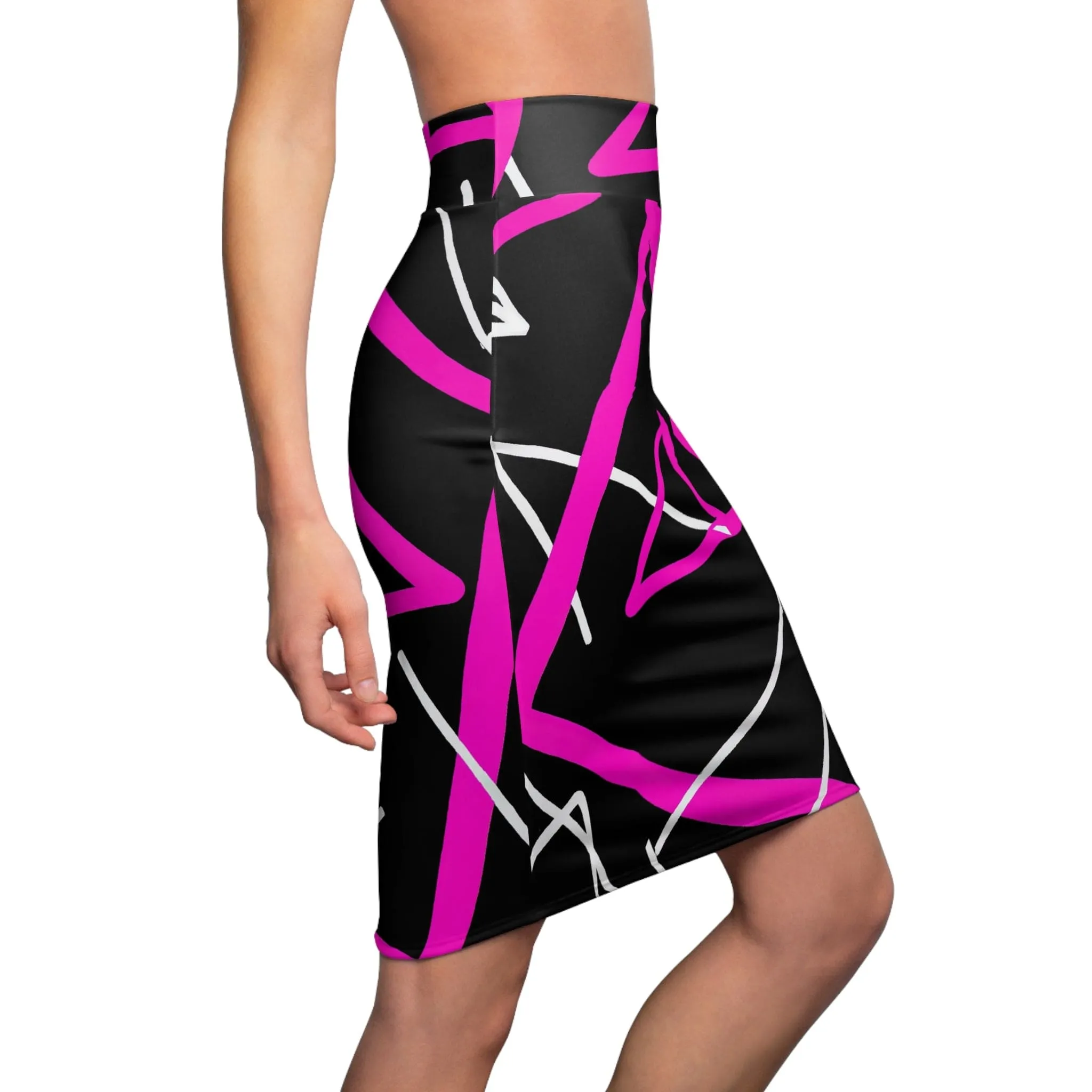 High Waist Womens Pencil Skirt - Contour Stretch - Black and Pink Geometric Pattern