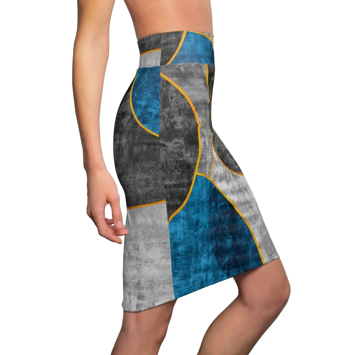 High Waist Womens Pencil Skirt - Contour Stretch - Black Blue Grey Circular Geometric Print