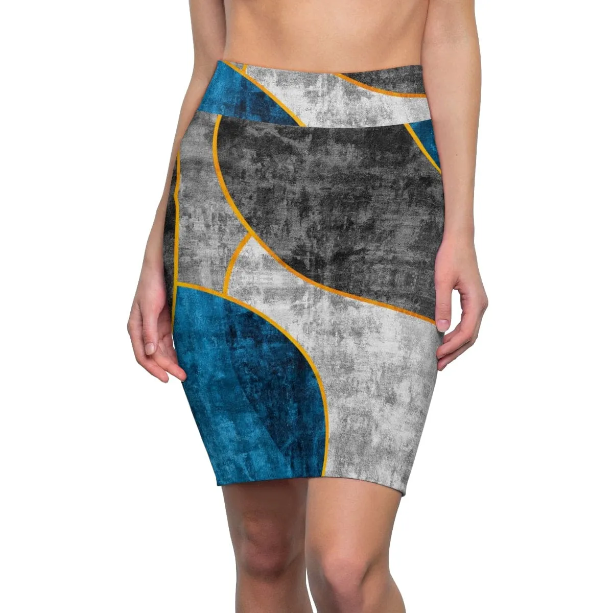 High Waist Womens Pencil Skirt - Contour Stretch - Black Blue Grey Circular Geometric Print