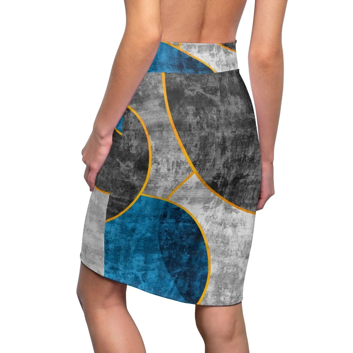 High Waist Womens Pencil Skirt - Contour Stretch - Black Blue Grey Circular Geometric Print