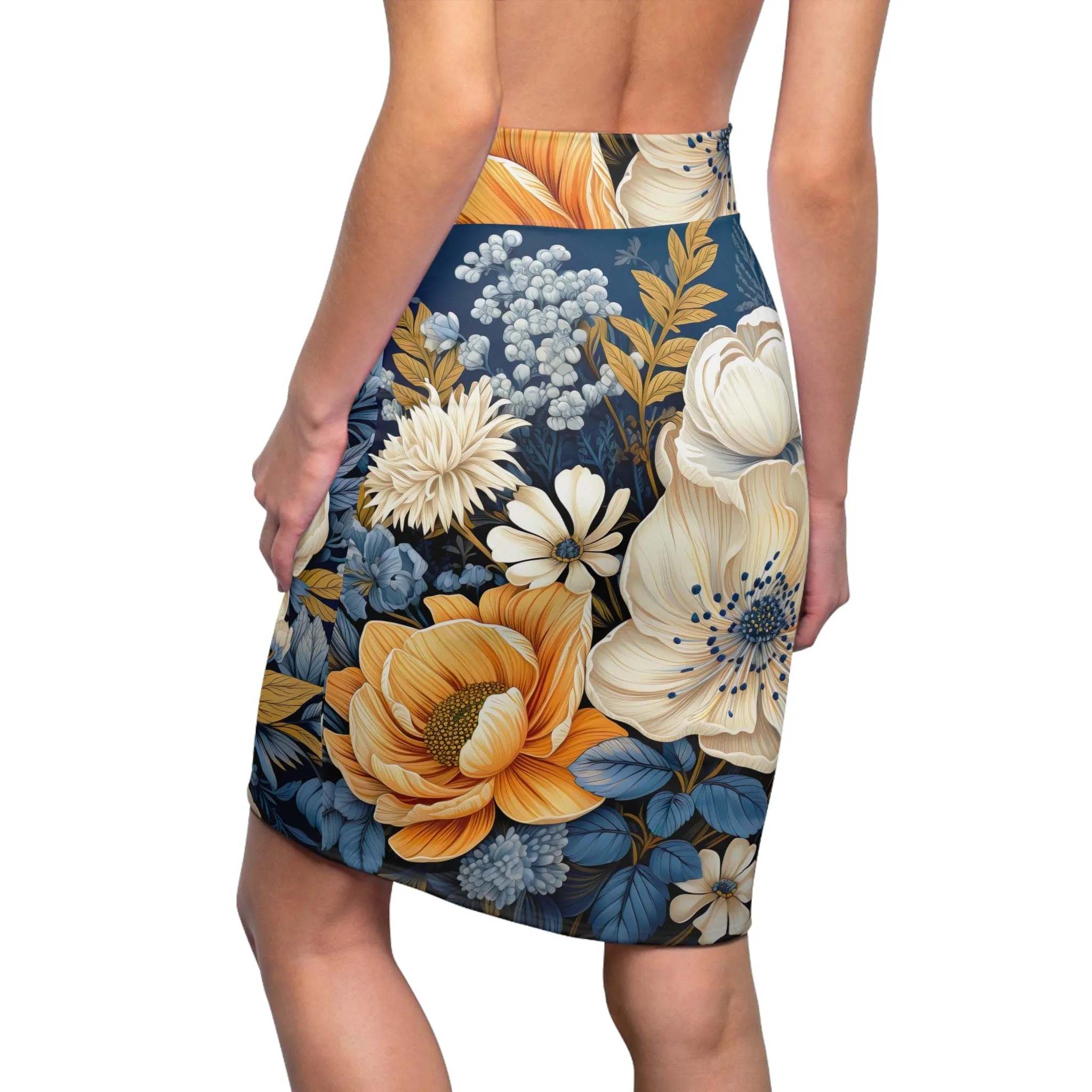 High Waist Womens Pencil Skirt - Contour Stretch - Blue Floral Block Print Illustration