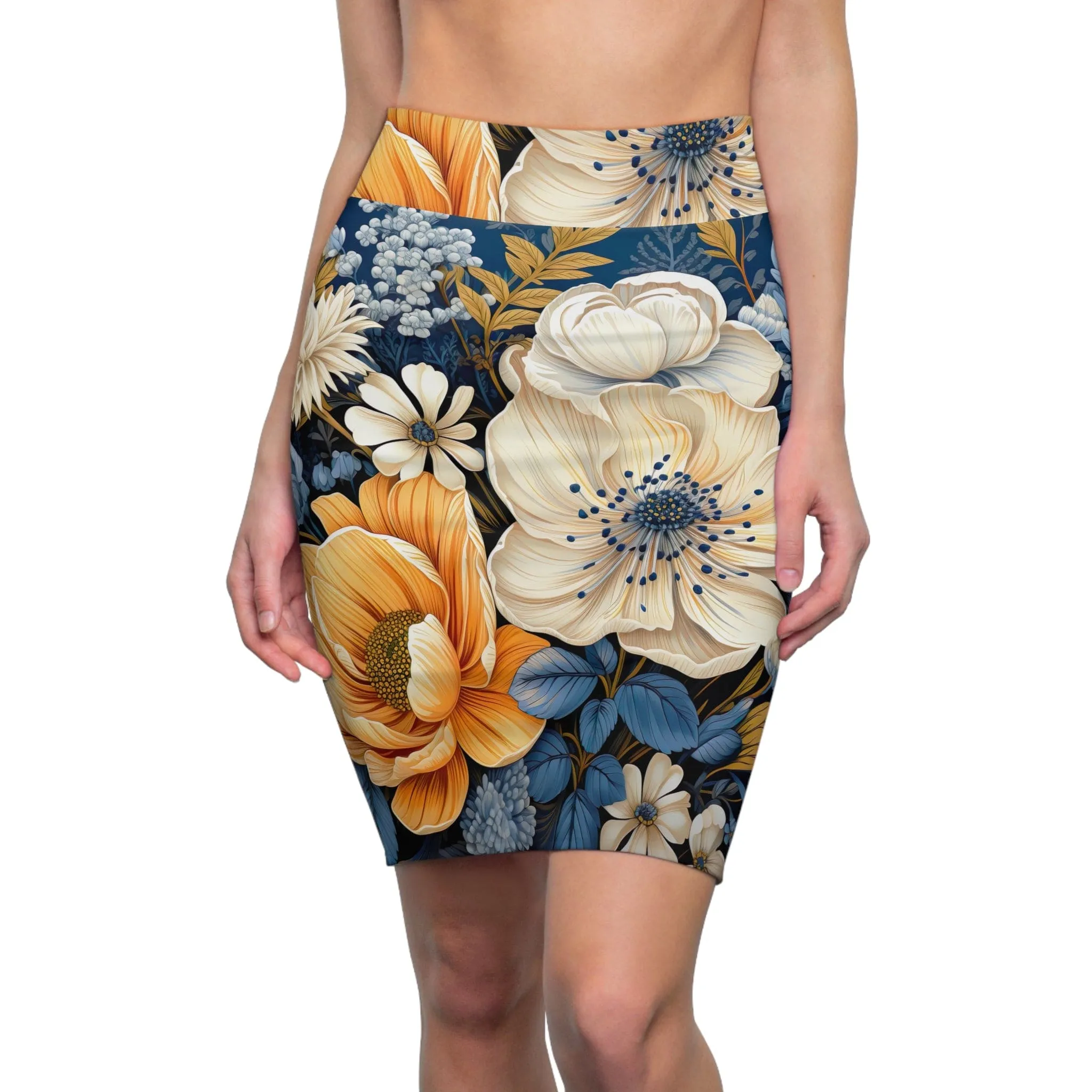 High Waist Womens Pencil Skirt - Contour Stretch - Blue Floral Block Print Illustration