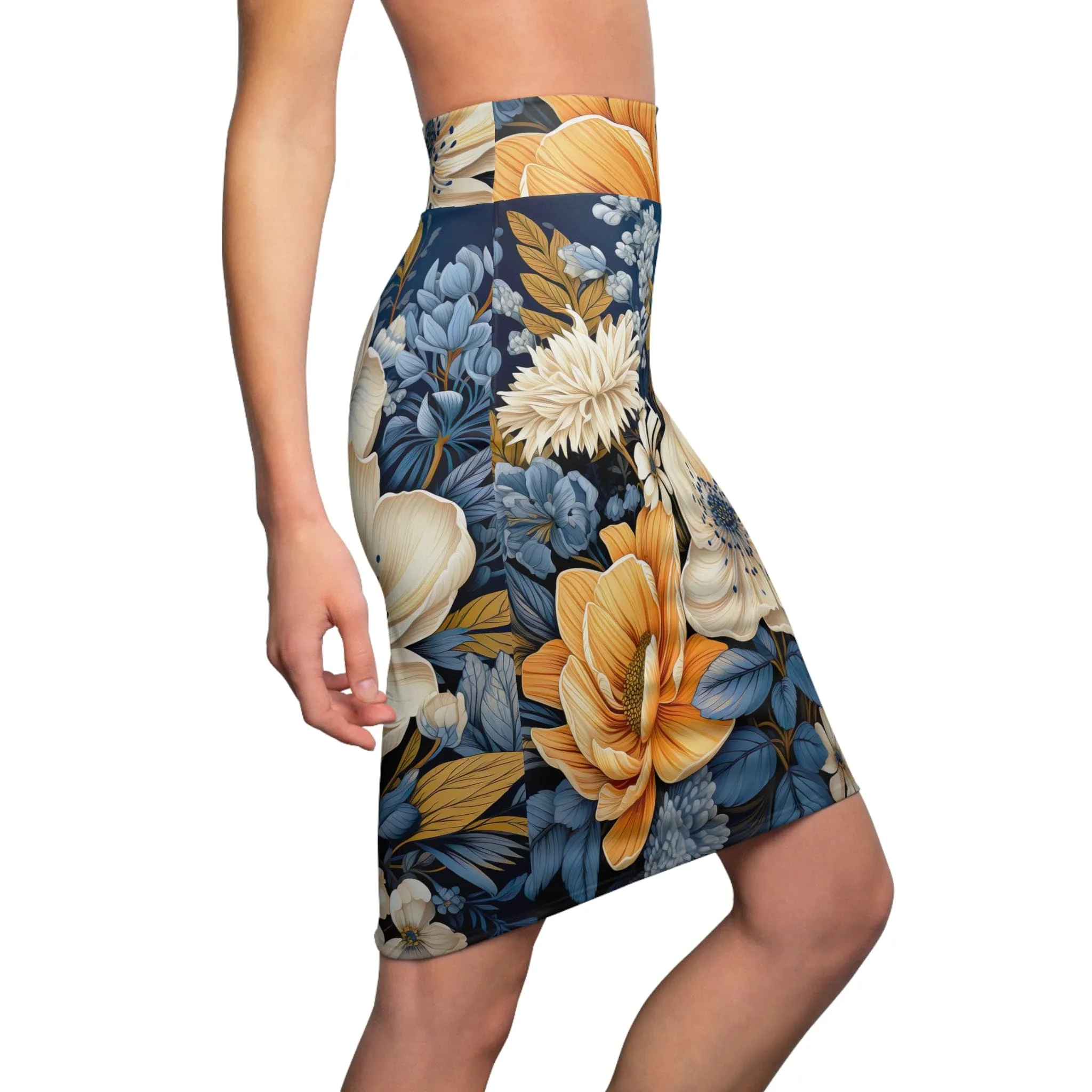 High Waist Womens Pencil Skirt - Contour Stretch - Blue Floral Block Print Illustration