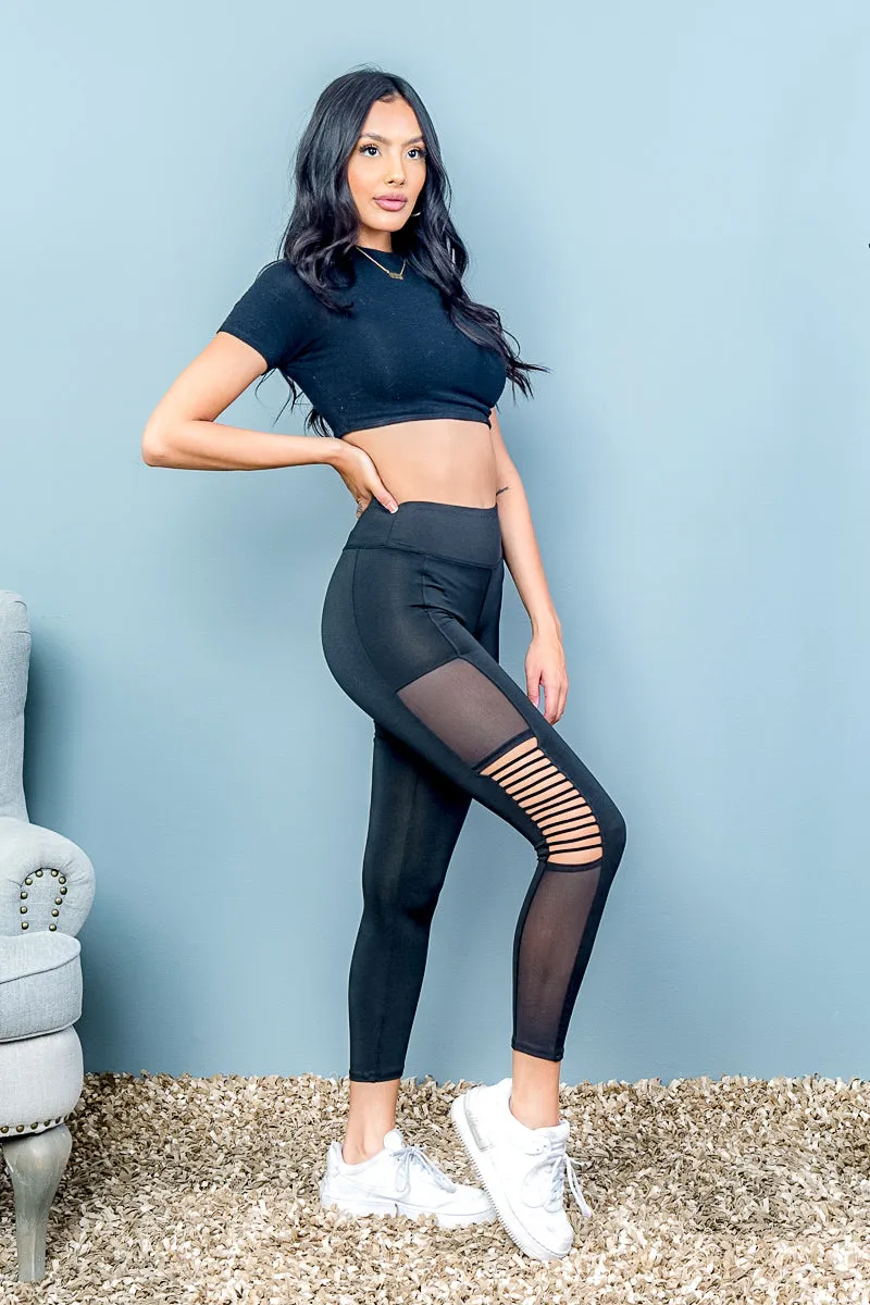 High Waist Yoga Pant Compression Leggings with Mesh Panels and Lattice Cut Outs (AP60785)