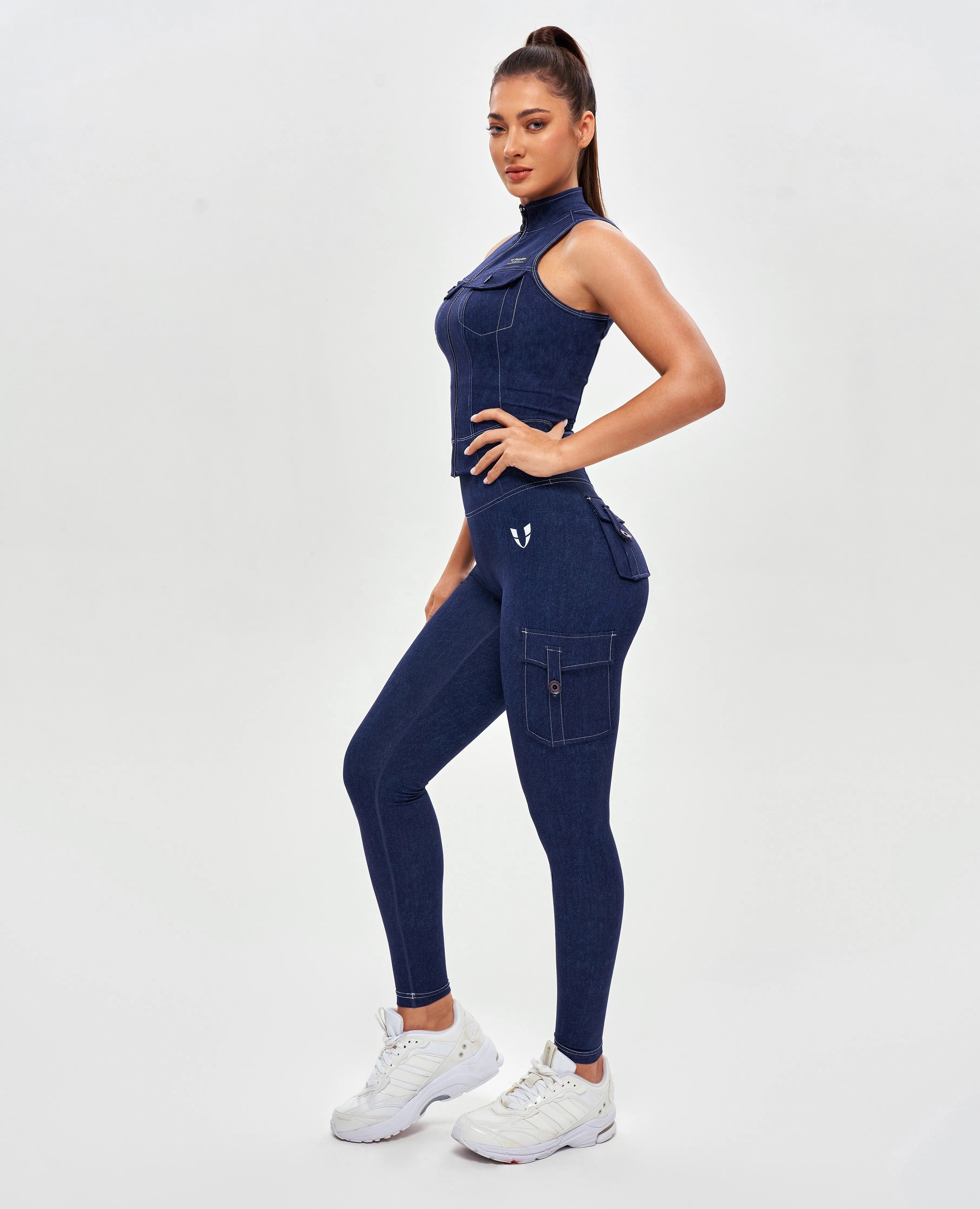 High Waisted Cargo Leggings - Denim Blue