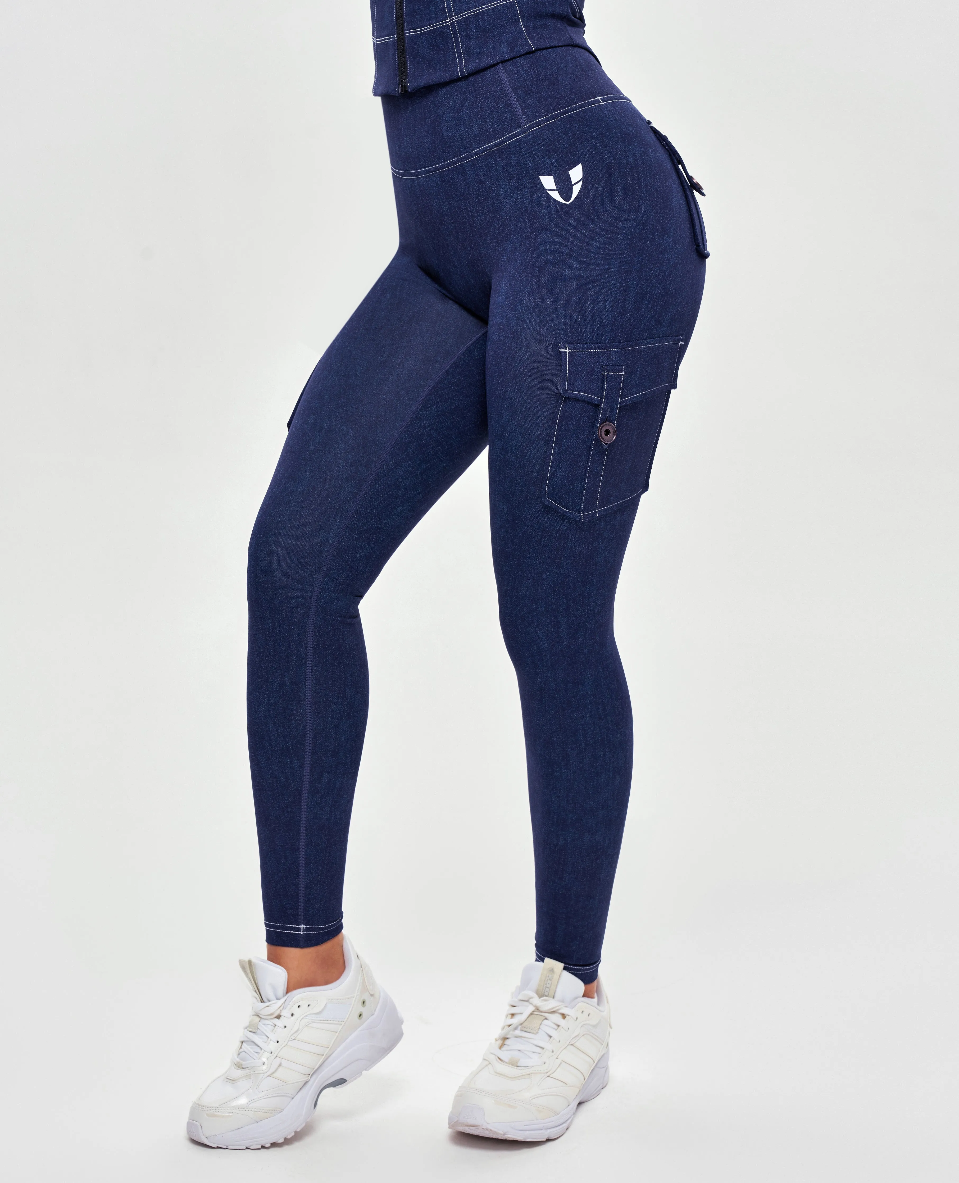 High Waisted Cargo Leggings - Denim Blue