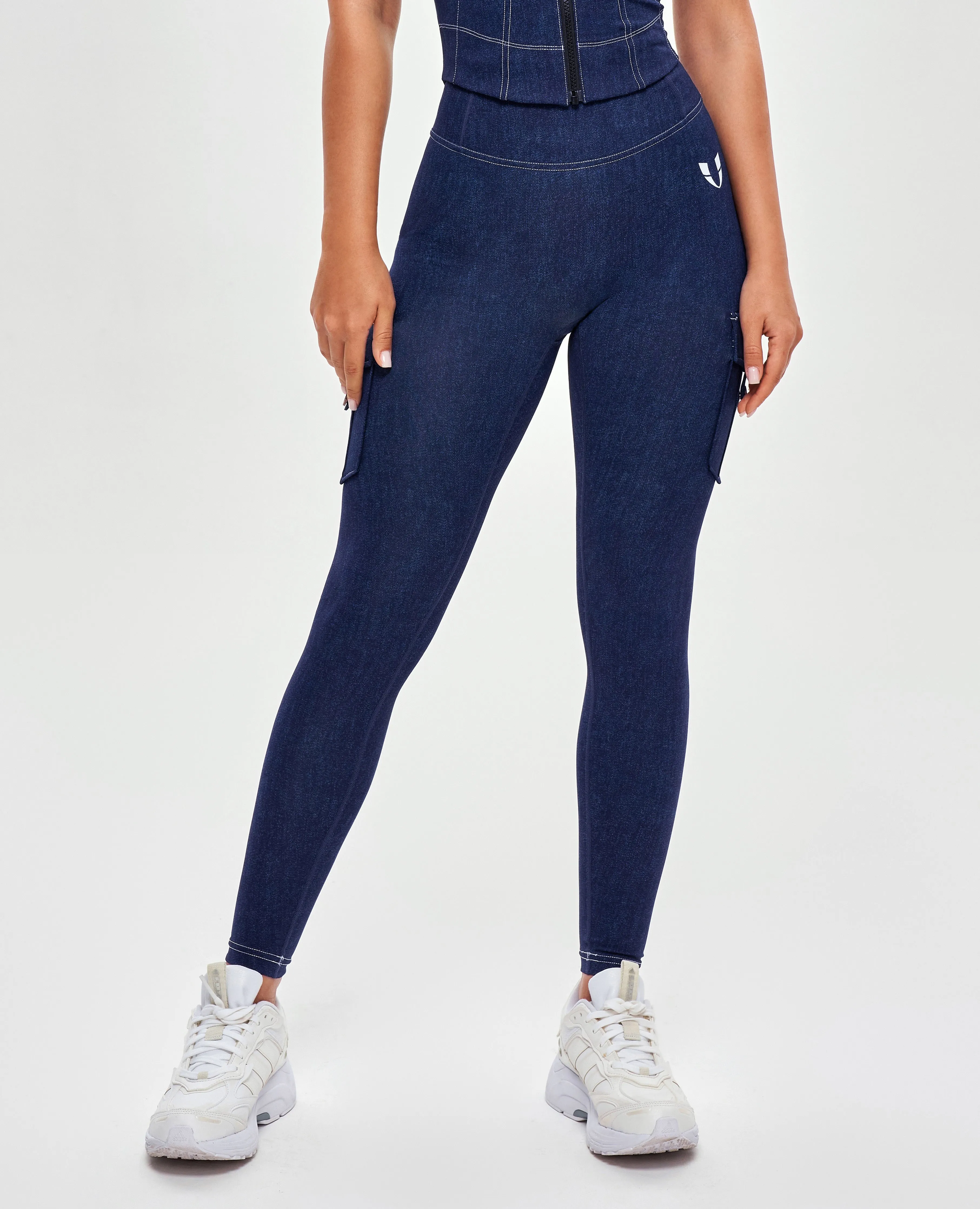 High Waisted Cargo Leggings - Denim Blue