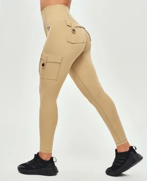 High Waisted Cargo Leggings - Khaki Yellow