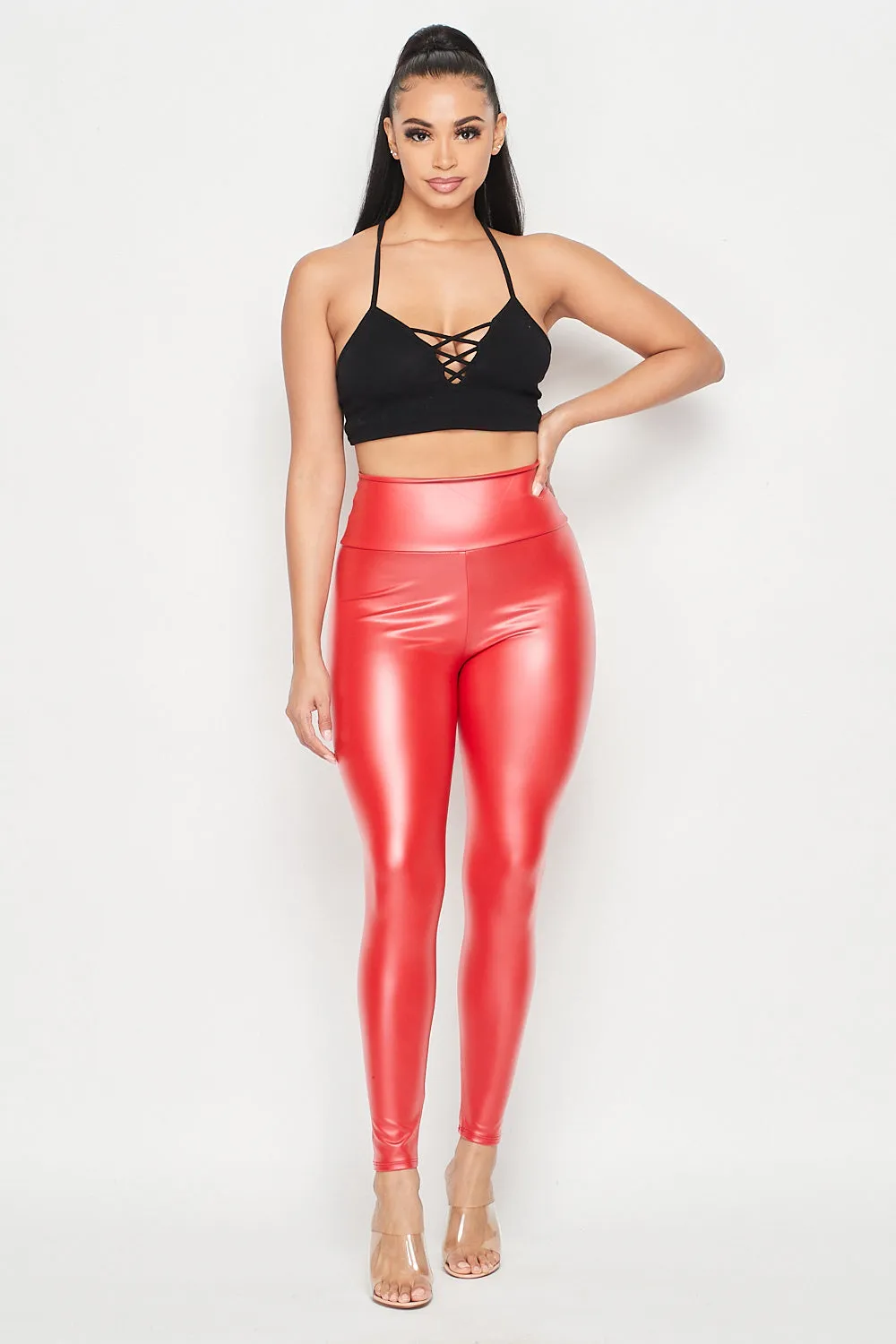 High Waisted Faux Leather PU Leggings in Red