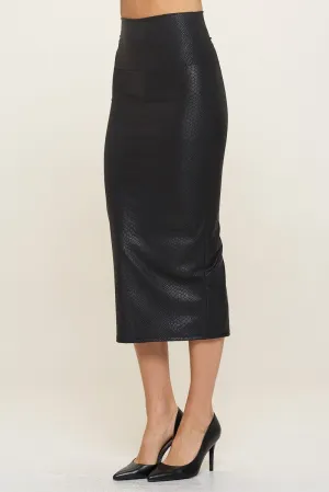 High Waisted Snake Skin Embossed PU Pencil Skirt - Black