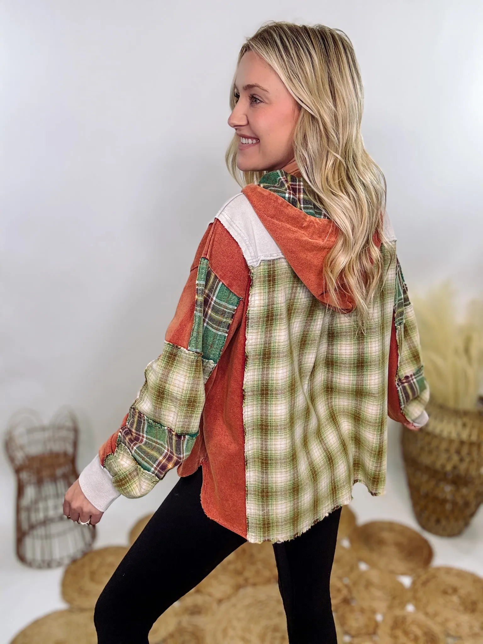 Hunter Green & Brick Mineral Washed Plaid Patchwork Hoodie