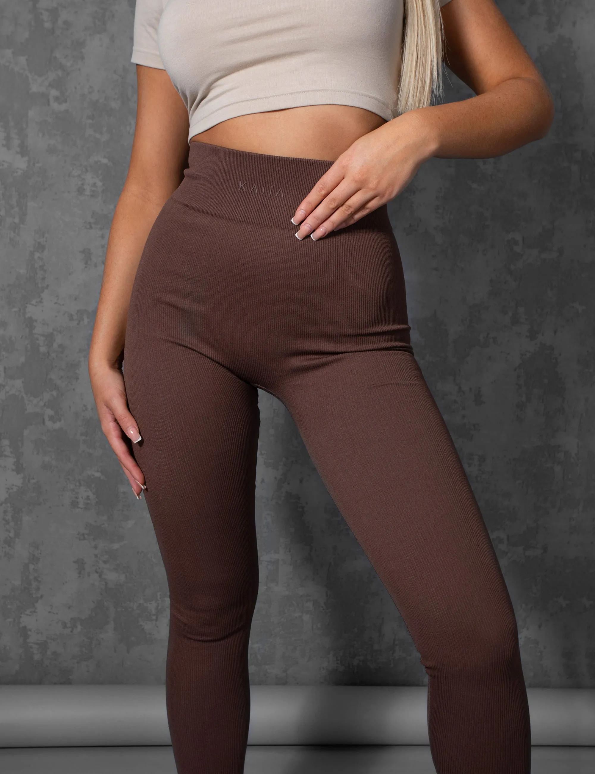 Kaiia Premium Rib Seamless Leggings Chocolate