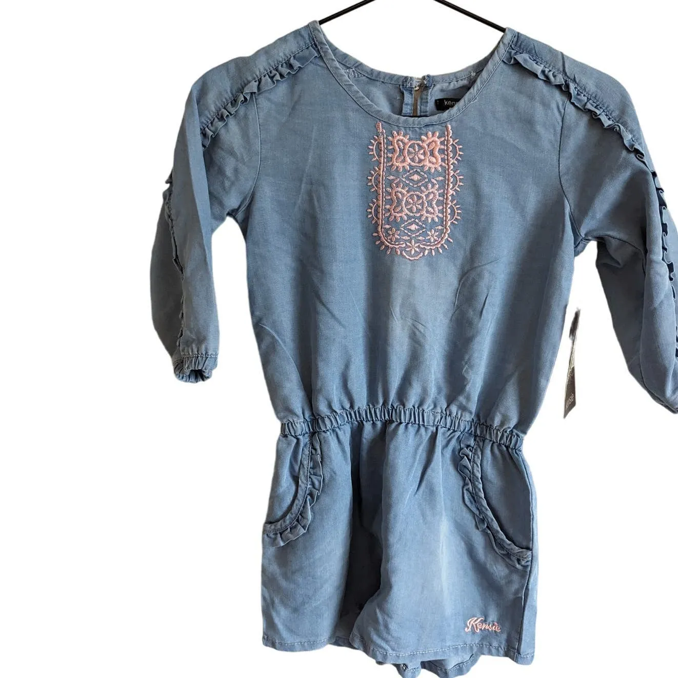 Kensie Girls Sz 8 Light Blue Long Sleeve Chambray Romper Embroidered NEW