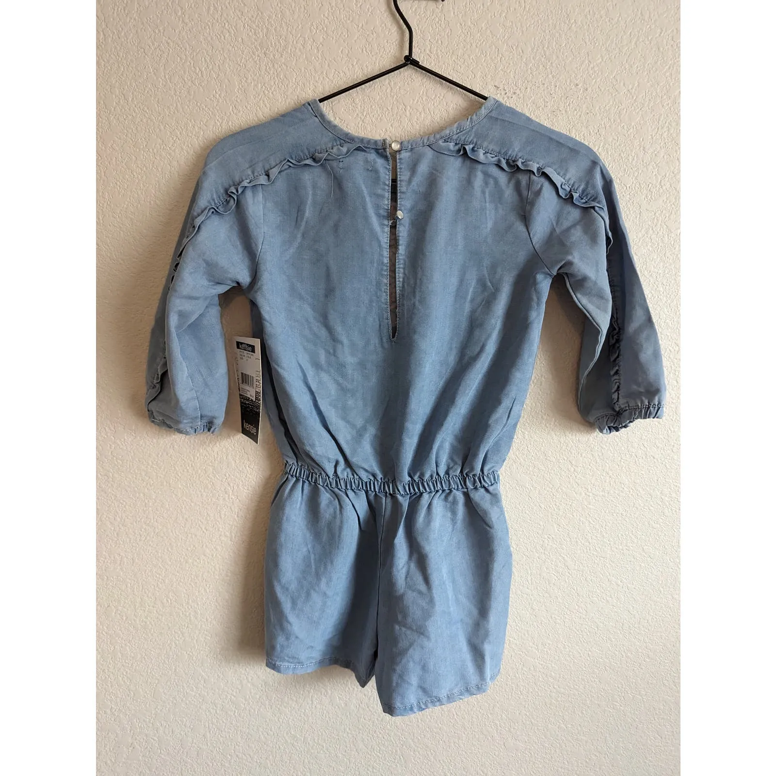 Kensie Girls Sz 8 Light Blue Long Sleeve Chambray Romper Embroidered NEW