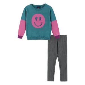 Kids Lurex Sweater & Legging Set | Ombre Smiley Graphic