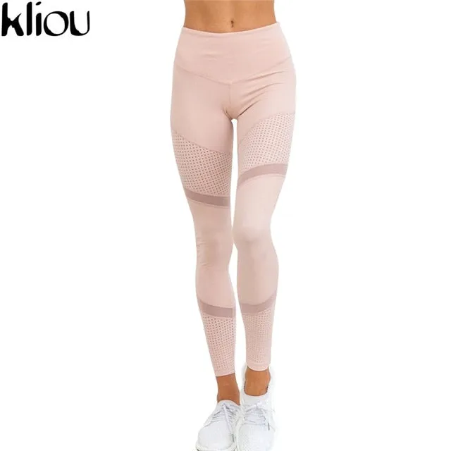 Kliou 2017 New Mesh Pattern Print Leggings fitness Leggings For Women Sporting Workout Leggins Elastic Trousers Slim PINK Pants