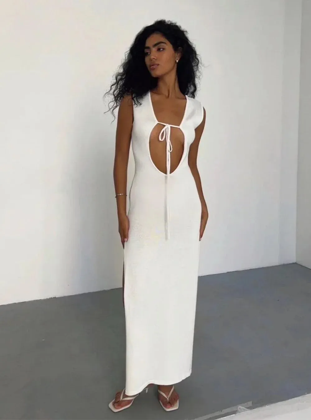 Knit Hollow Out Elegant Backless Sexy V-Neck Maxi Dress