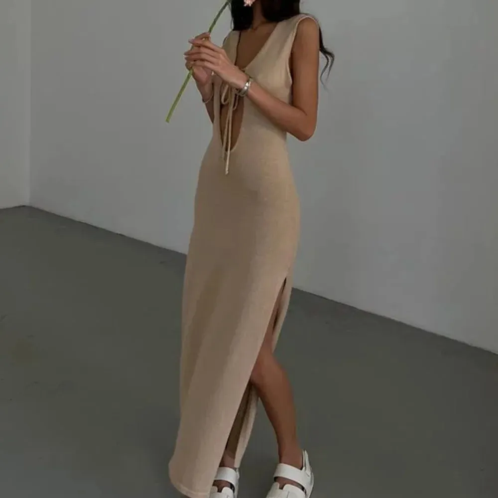 Knit Hollow Out Elegant Backless Sexy V-Neck Maxi Dress