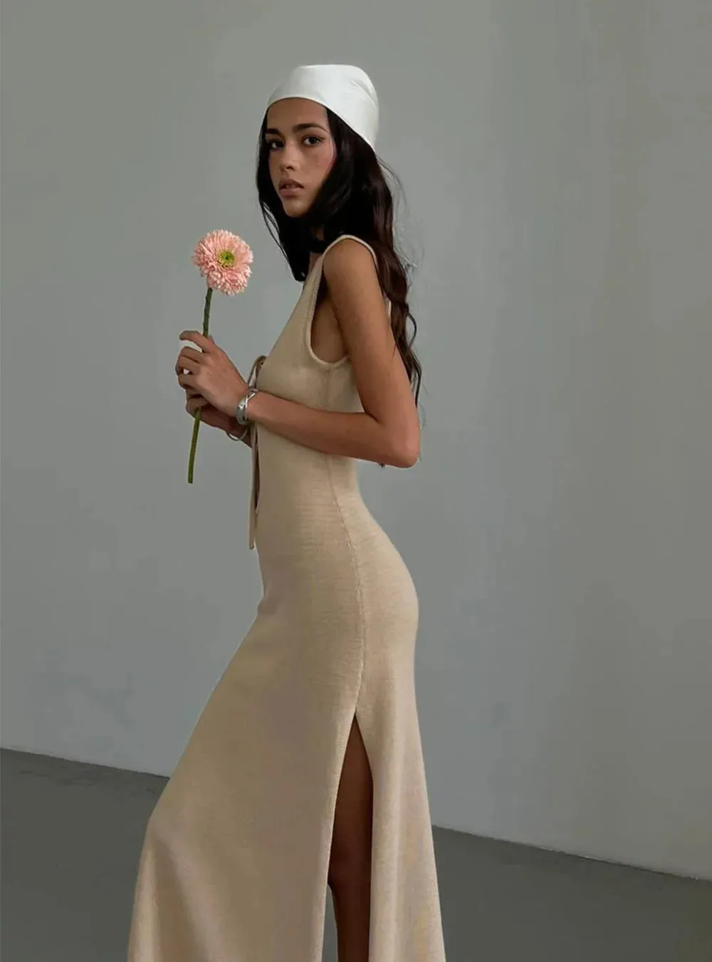 Knit Hollow Out Elegant Backless Sexy V-Neck Maxi Dress