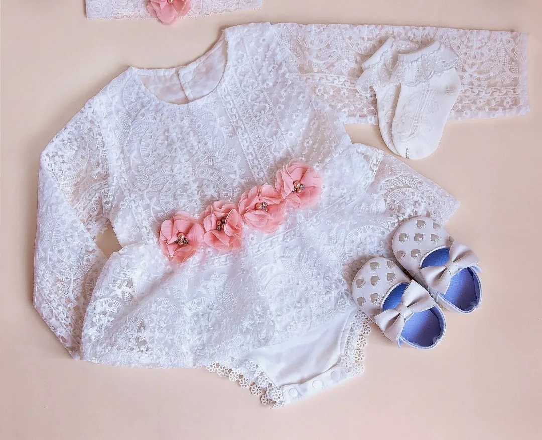 Lace Long Sleeve Romper with Floral Waistline and Headband #1001145