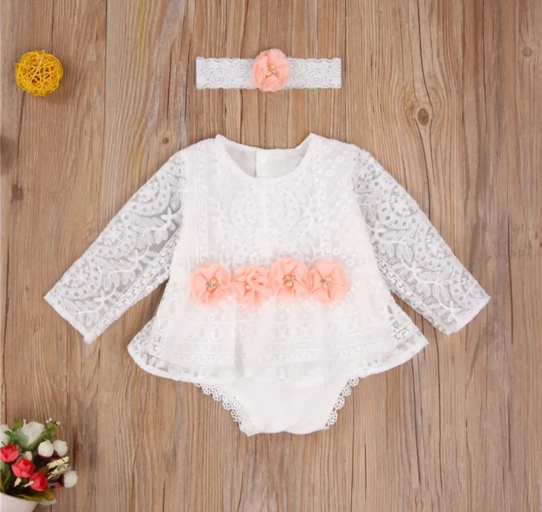 Lace Long Sleeve Romper with Floral Waistline and Headband #1001145