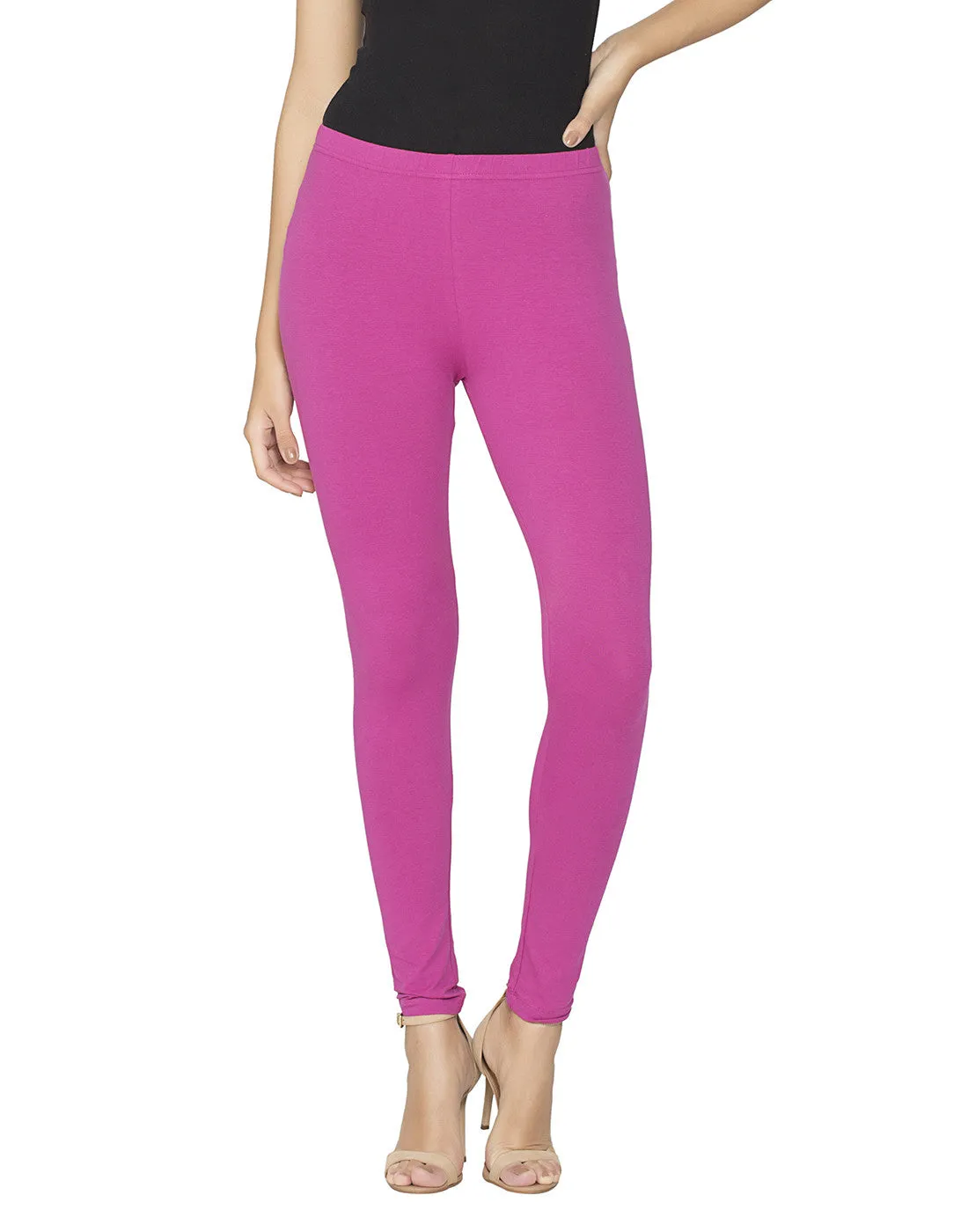 Libertina Pink Solid Jersey Lycra Ankle Leggings for Women