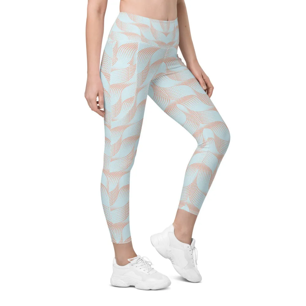 Light Blue & Apricot Wave Leggings with Pockets