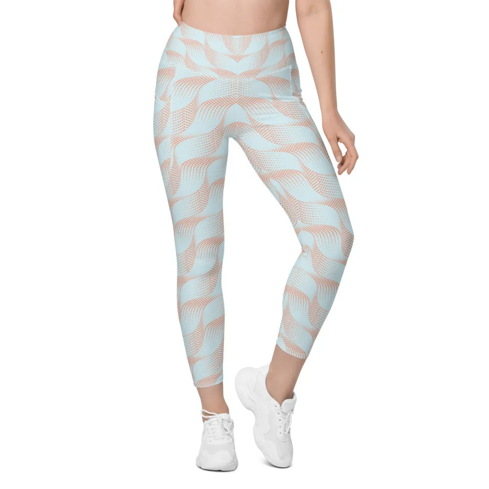 Light Blue & Apricot Wave Leggings with Pockets