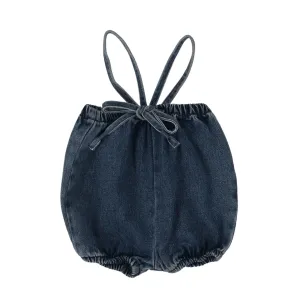 Lil Legs Denim Bubble Suspender Shorts-Dark Wash