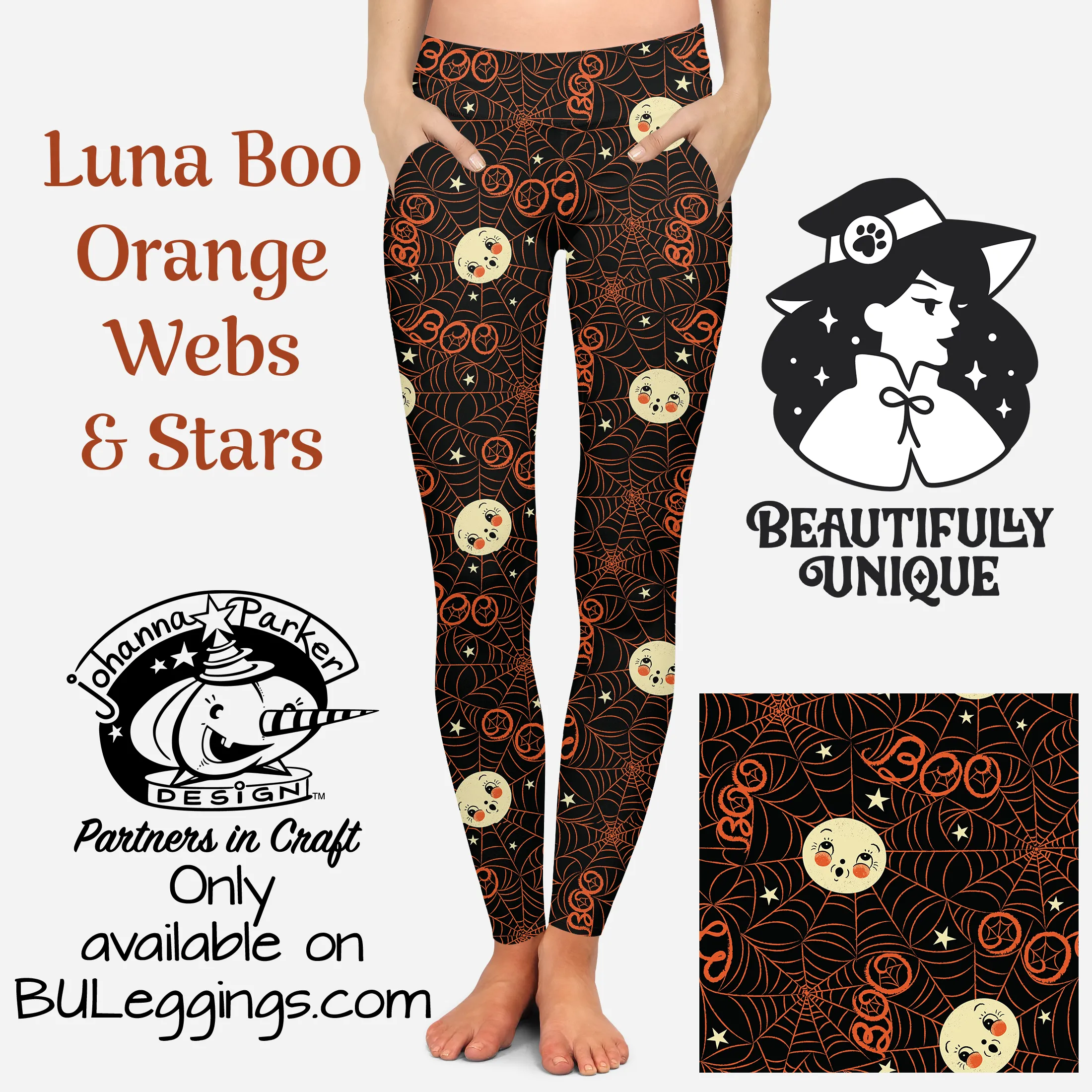 Luna Boo Orange Webs & Stars - Johanna Parker (Exclusive) - Pocket Leggings