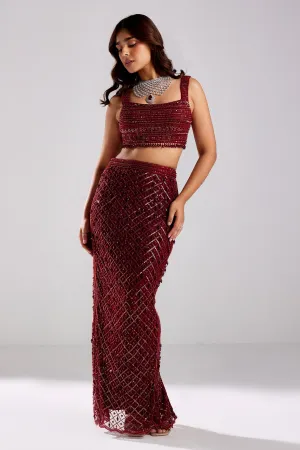 Marsala Red Embroidered Crop Top-skirt Set