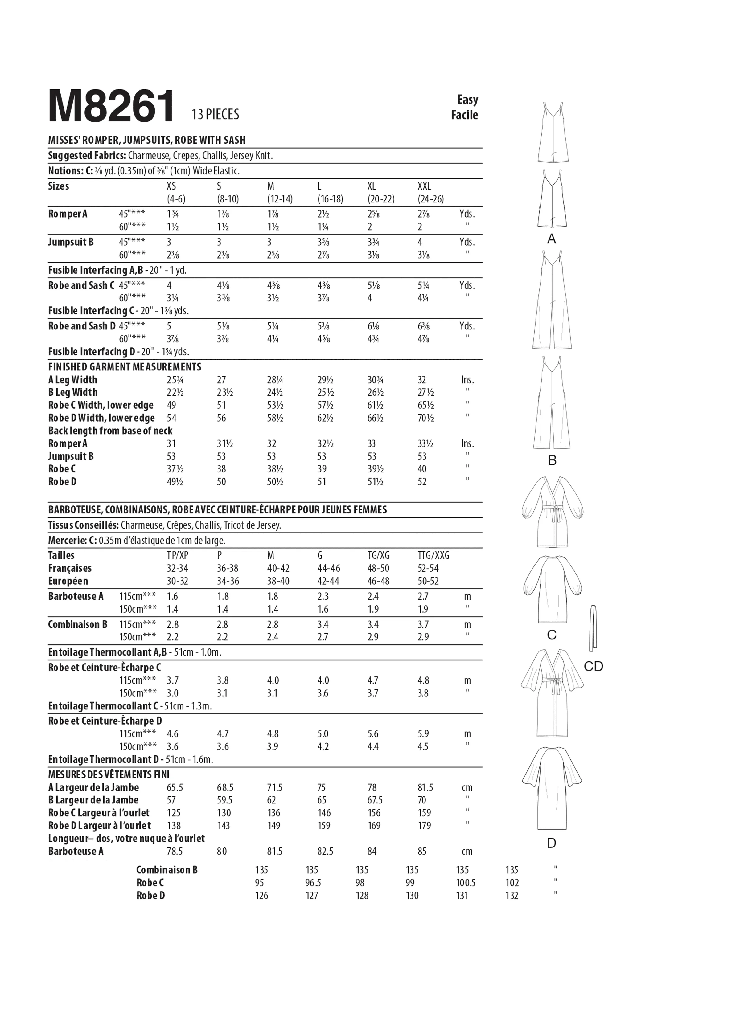 McCall's Sleepwear Pattern 8261 Romper, Jumpsuit and Robe