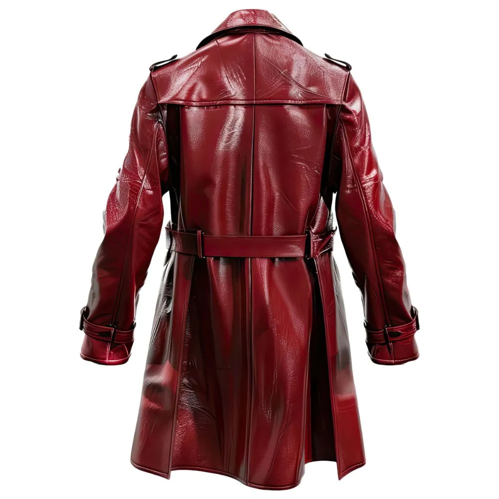 Men’s Distressed Maroon Double-Breasted Sheepskin Trench Leather Coat