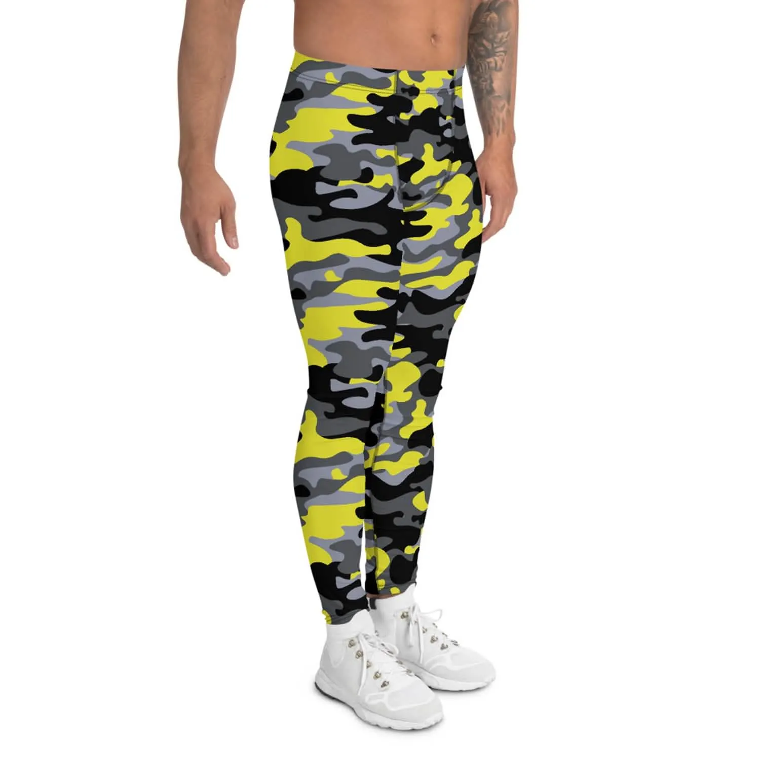 Men's Gray and Yellow Camouflage Fitness Leggings