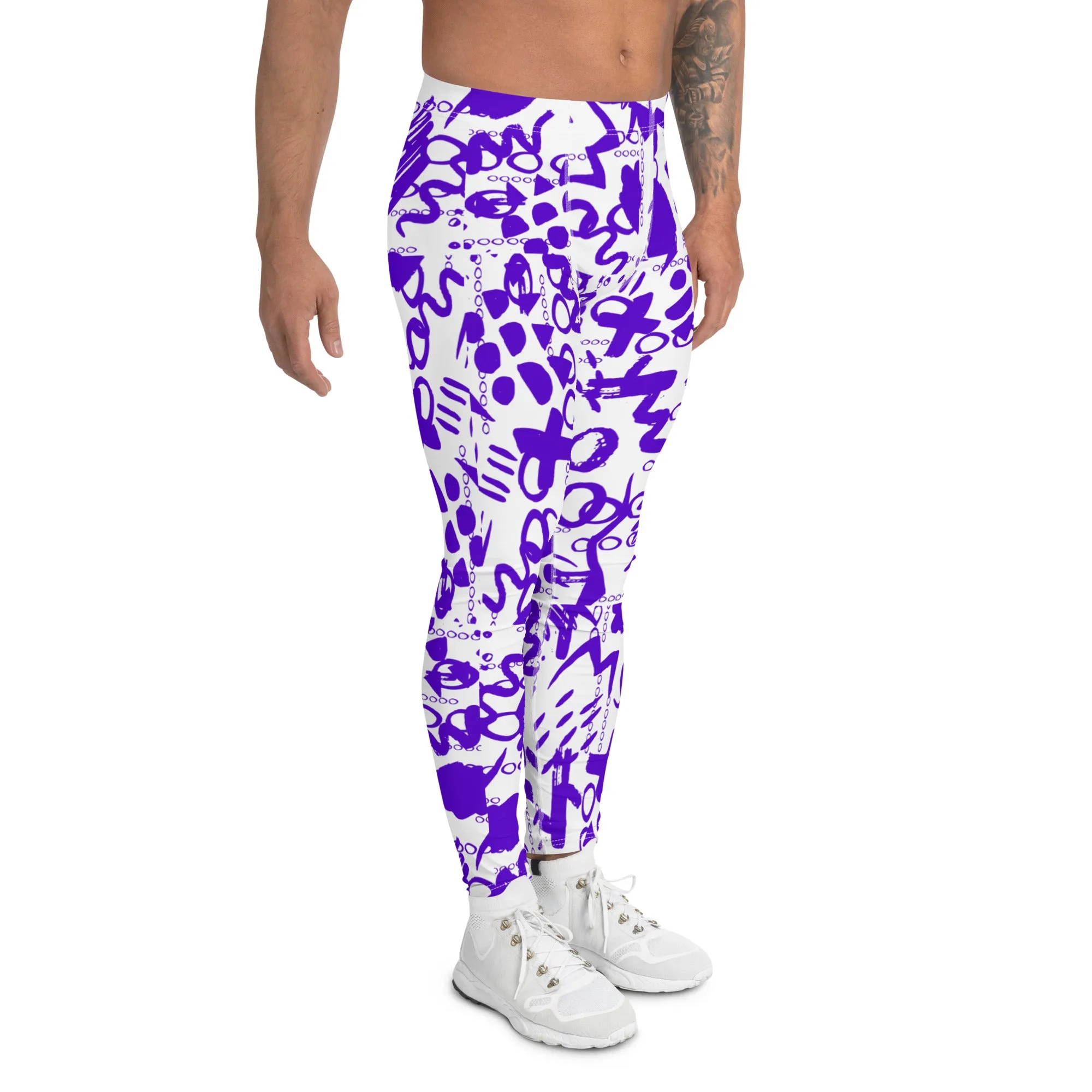 Men's Leggings, Men Gym Leggings, Wrestling Tights, Printed Leggings, Yoga Leggings, Rave Pants, Festival Tights, Purple, White