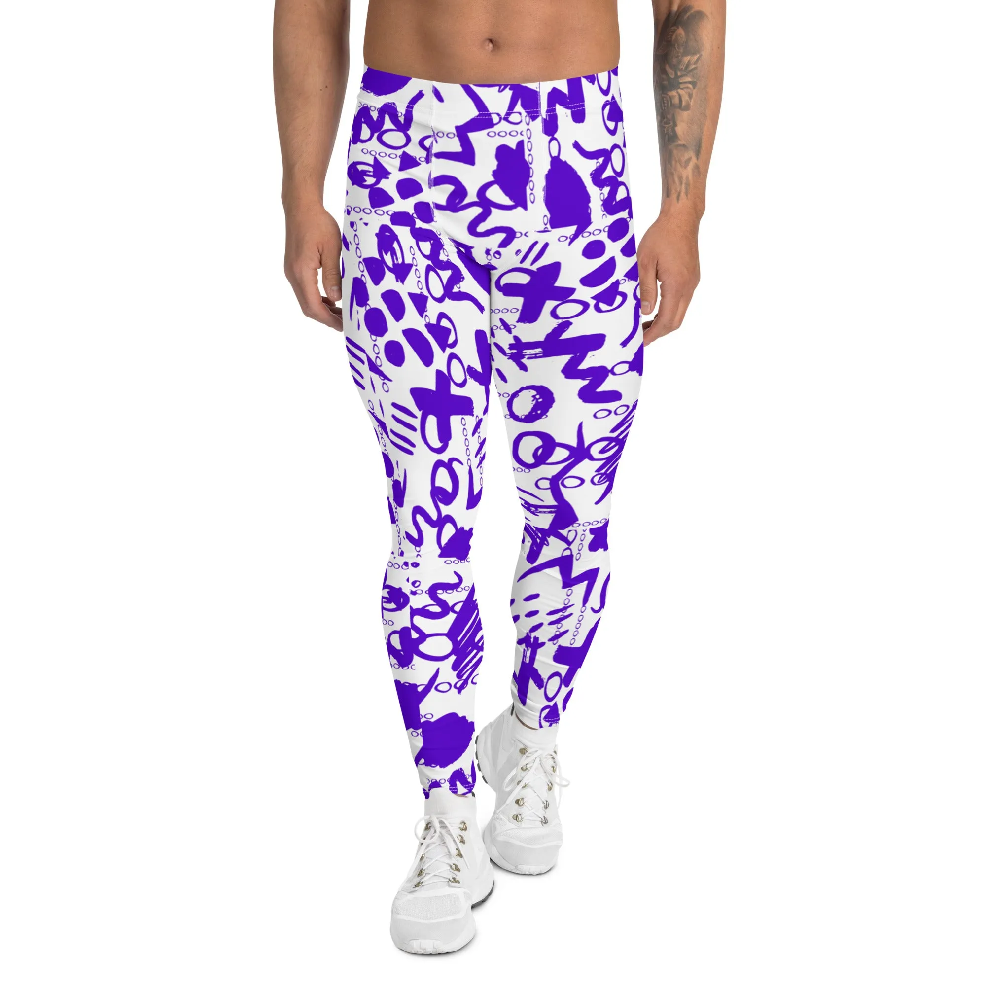 Men's Leggings, Men Gym Leggings, Wrestling Tights, Printed Leggings, Yoga Leggings, Rave Pants, Festival Tights, Purple, White