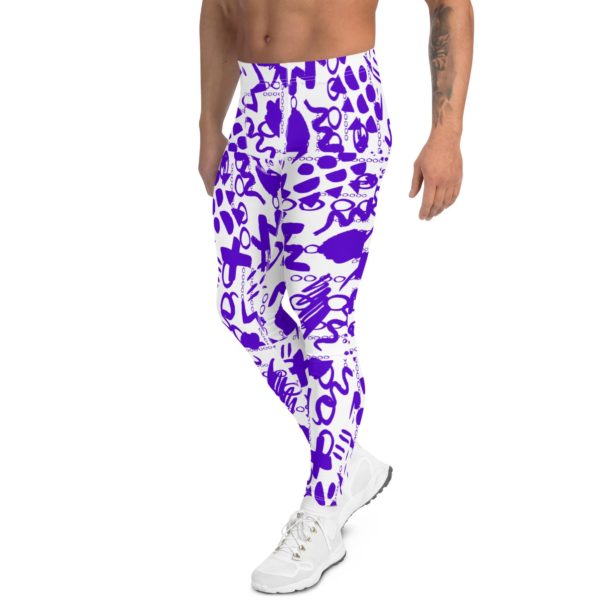 Men's Leggings, Men Gym Leggings, Wrestling Tights, Printed Leggings, Yoga Leggings, Rave Pants, Festival Tights, Purple, White