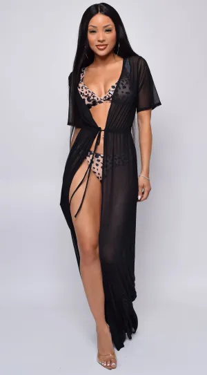 Milos Black Mesh Drawstring Open Front Cover-up Dress