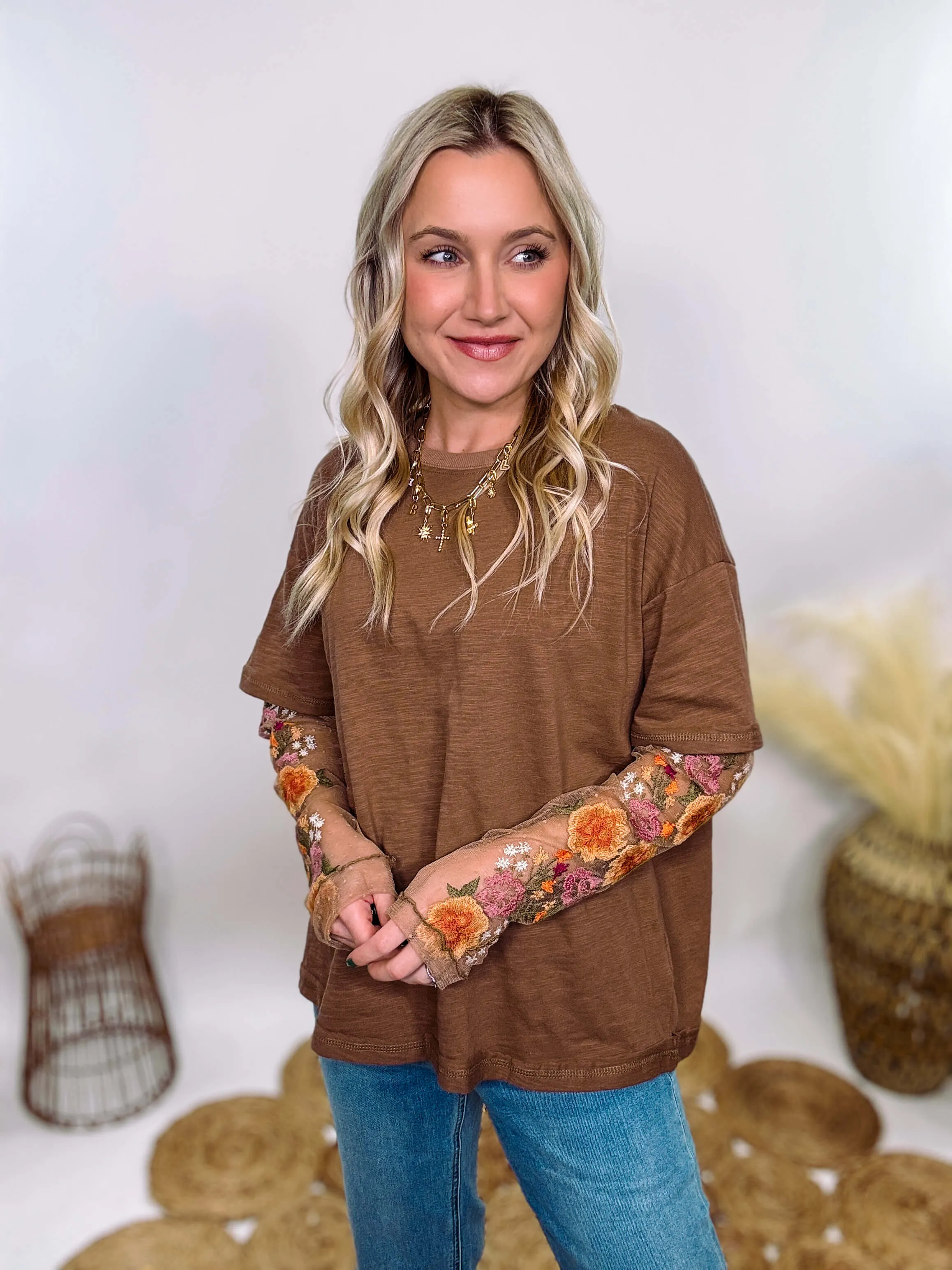 Mushroom Brown Oversized Tee with Layered Sheer Embroidered Floral Lace Mesh Sleeves