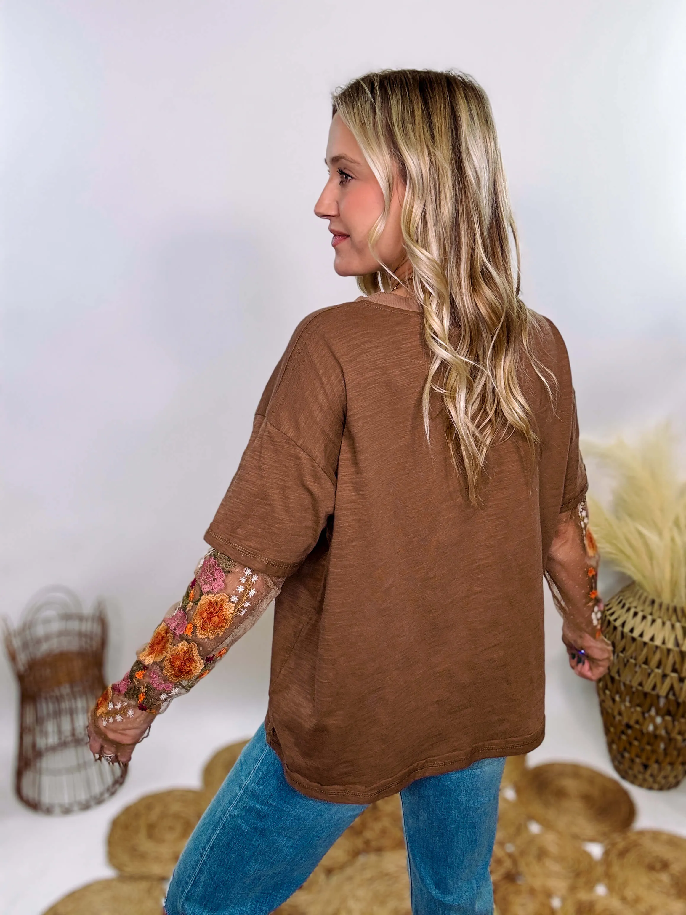 Mushroom Brown Oversized Tee with Layered Sheer Embroidered Floral Lace Mesh Sleeves