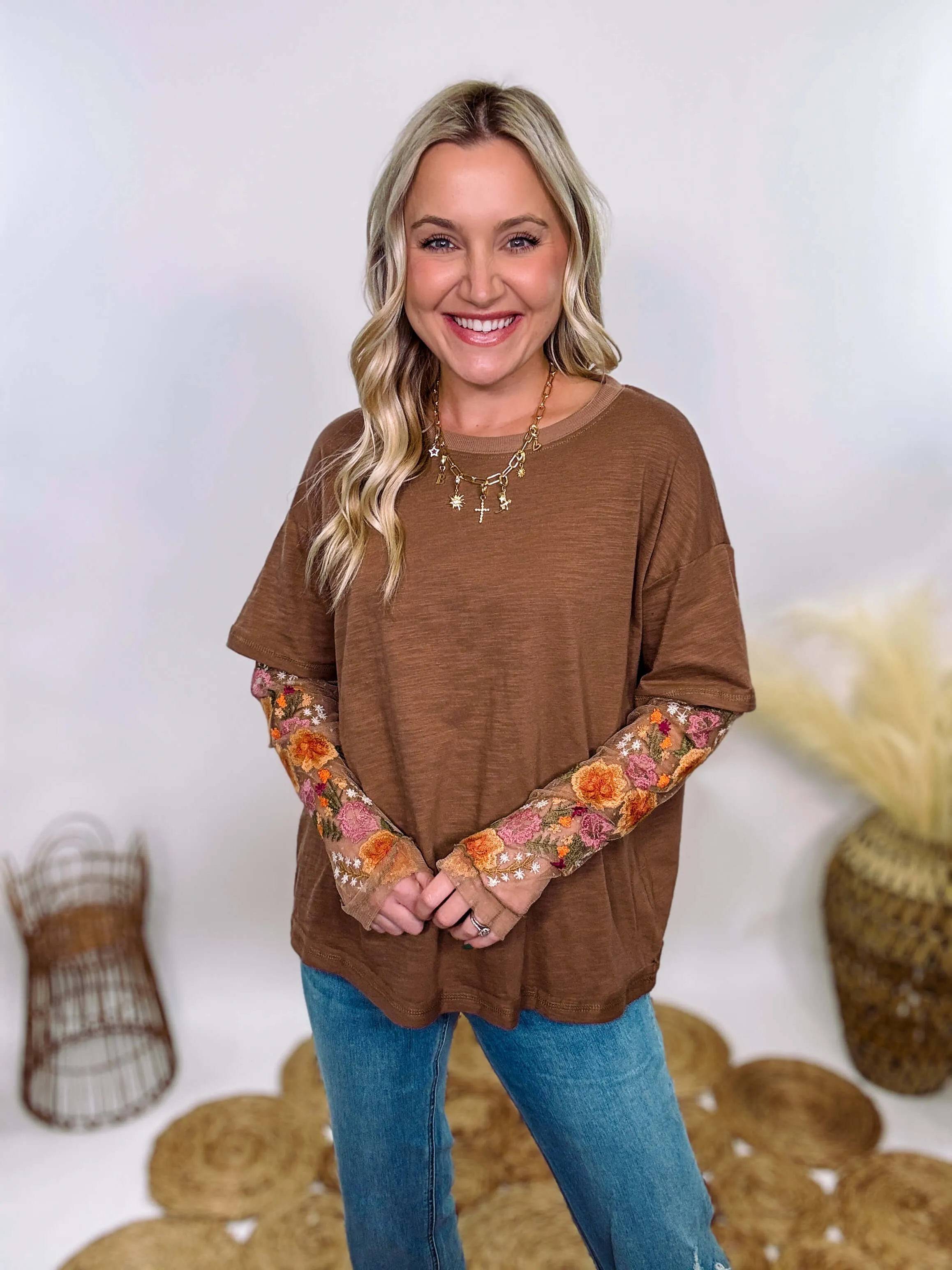 Mushroom Brown Oversized Tee with Layered Sheer Embroidered Floral Lace Mesh Sleeves