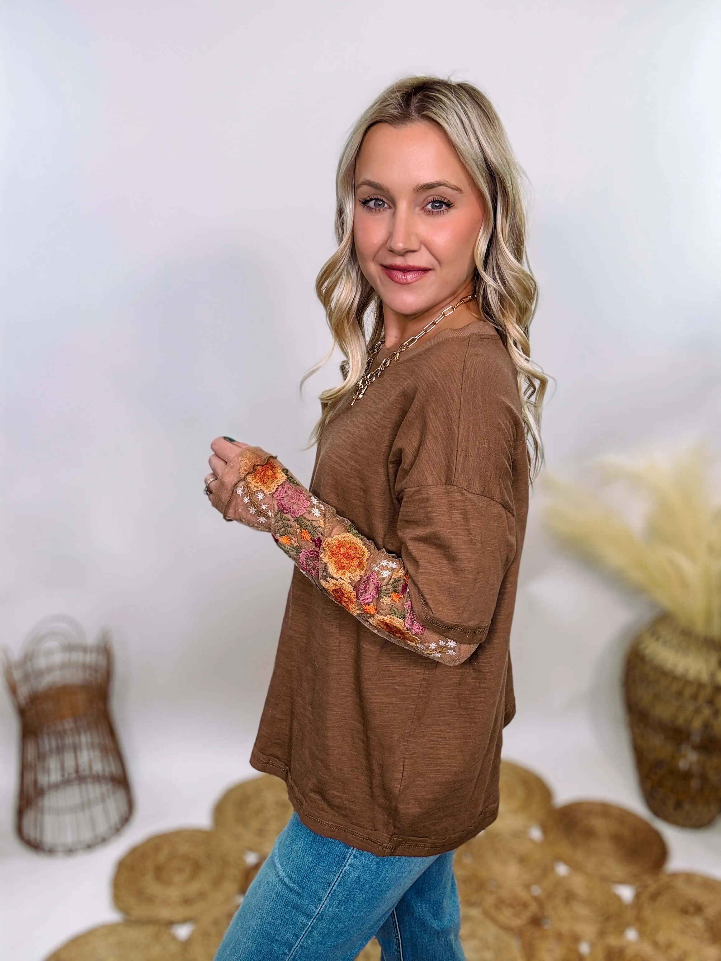 Mushroom Brown Oversized Tee with Layered Sheer Embroidered Floral Lace Mesh Sleeves