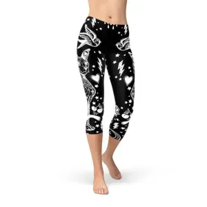 Mystical Feline Graphic Capri Leggings for Women