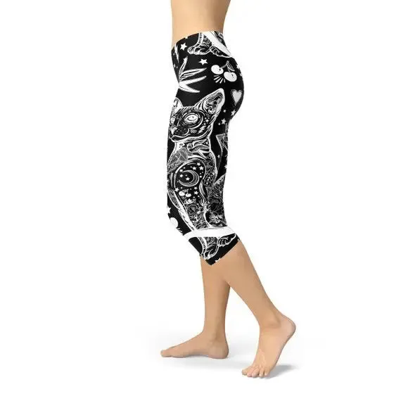 Mystical Feline Graphic Capri Leggings for Women