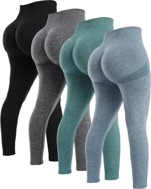 NORMOV 4 Piece Butt Lifting Workout Leggings for Women, Seamless Gym Scrunch Booty Lifting Sets(Black/Blue/Grey/Forest Green, M)