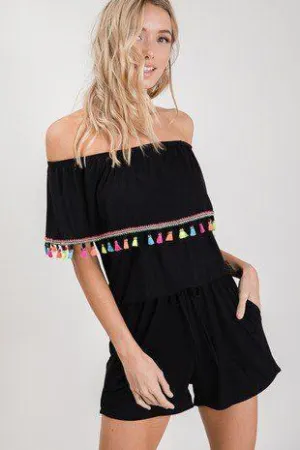 Off the Shoulder Romper with Fringe Trim