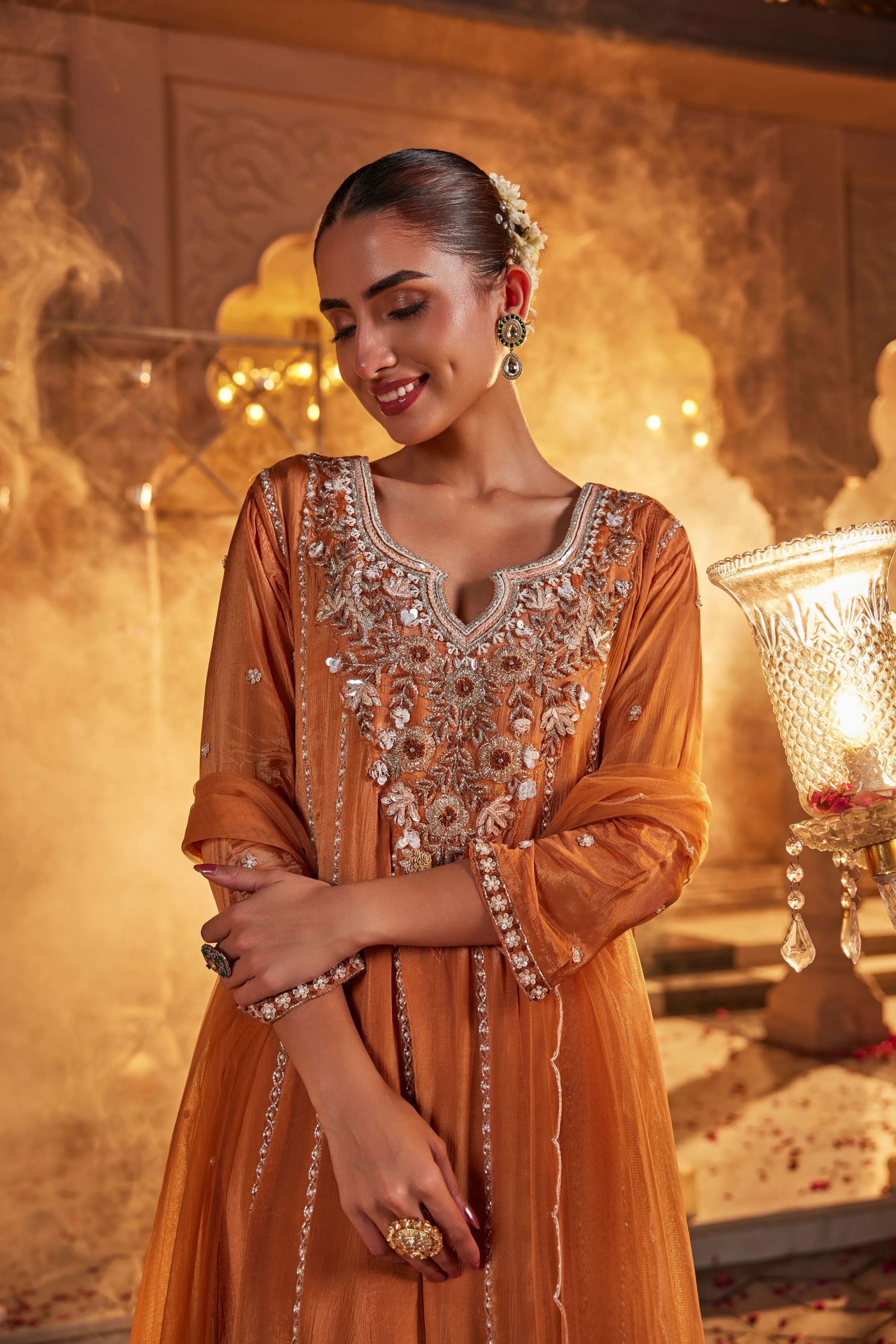 Orange Embellished Chinon Silk Anarkali Set